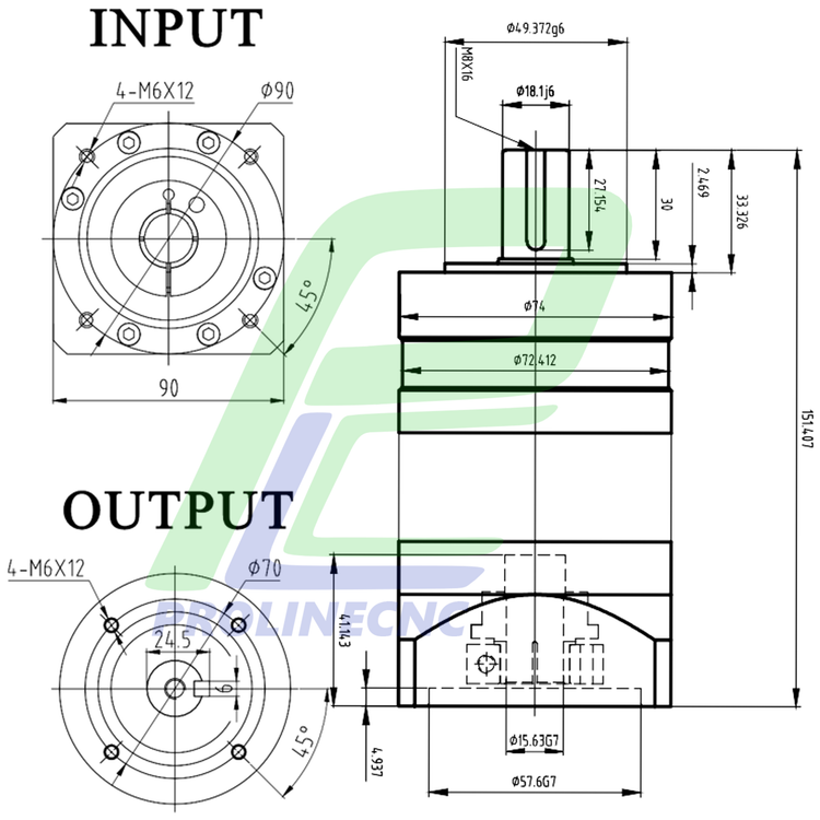 گیربکس 90 خورشیدی سروو موتور ریکون RECKON نسبت 1 به 25 مدل AL90 شفت ورودی 19 شفت خروجی 22 فلنج گرد مناسب سروو 750 وات 3000 دور