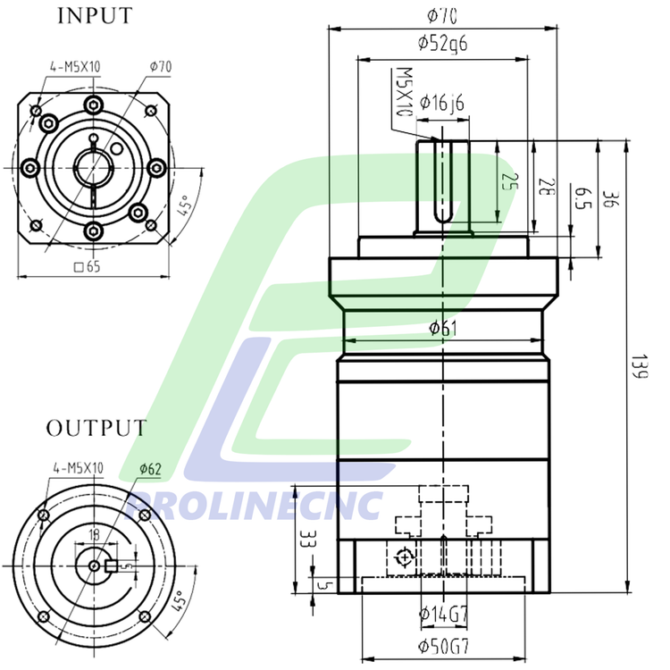 گیربکس 60 خورشیدی سروو موتور ریکون RECKON نسبت 1 به 20 مدل AL60 شفت ورودی 14 شفت خروجی 16 فلنج گرد مناسب سروو 400 وات 3000 دور