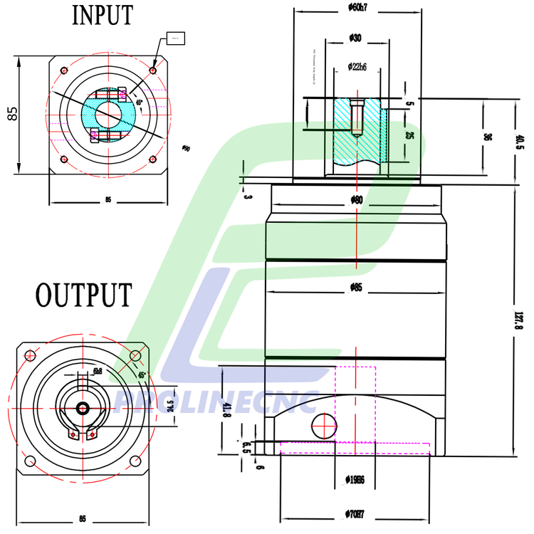 گیربکس 90 خورشیدی سروو موتور واستون VASTUN نسبت 1 به 25 مدل PLF90 شفت ورودی 19 شفت خروجی 22 فلنج مربع مناسب 750 وات 3000 دور