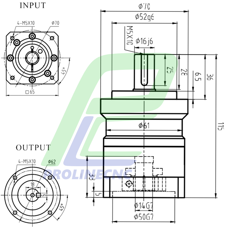 گیربکس 60 خورشیدی سروو موتور ریکون RECKON نسبت 1 به 10 مدل AL60 شفت ورودی 14 شفت خروجی 16 فلنج گرد مناسب سروو 400 وات 3000 دور