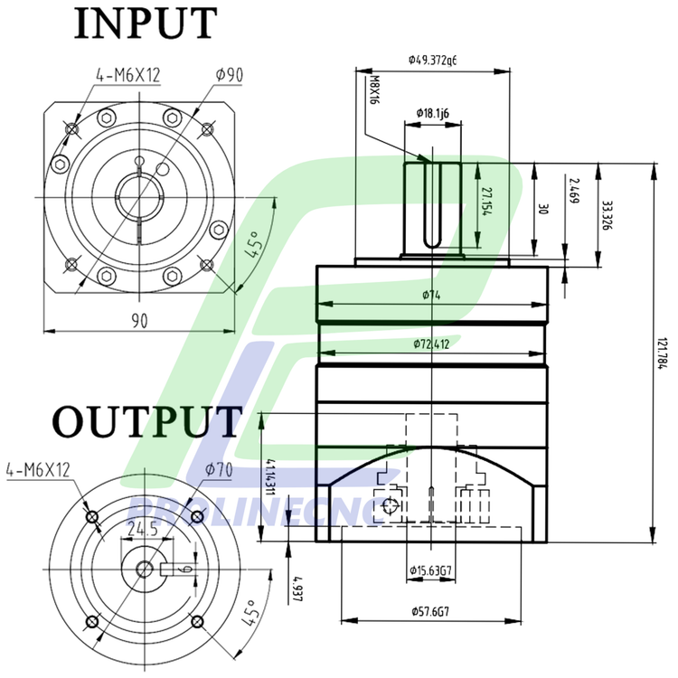 گیربکس 90 خورشیدی سروو موتور ریکون RECKON نسبت 1 به 10 مدل AL90 شفت ورودی 19 شفت خروجی 22 فلنج گرد مناسب سروو 750 وات 3000 دور