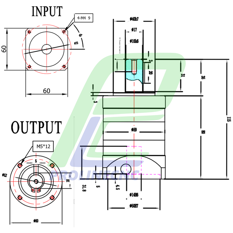 گیربکس 60 خورشیدی سروو موتور واستون VASTUN نسبت 1 به 20 مدل PL60 شفت ورودی 14 شفت خروجی 16 فلنج گرد مناسب سروو 400 وات 3000 دور