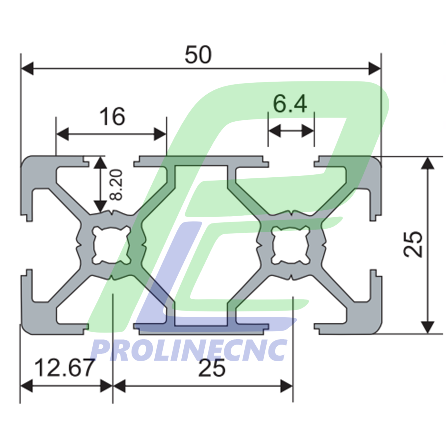 پروفیل 25 در 50 آلومینیومی شیاردار مهندسی سایز 25X50