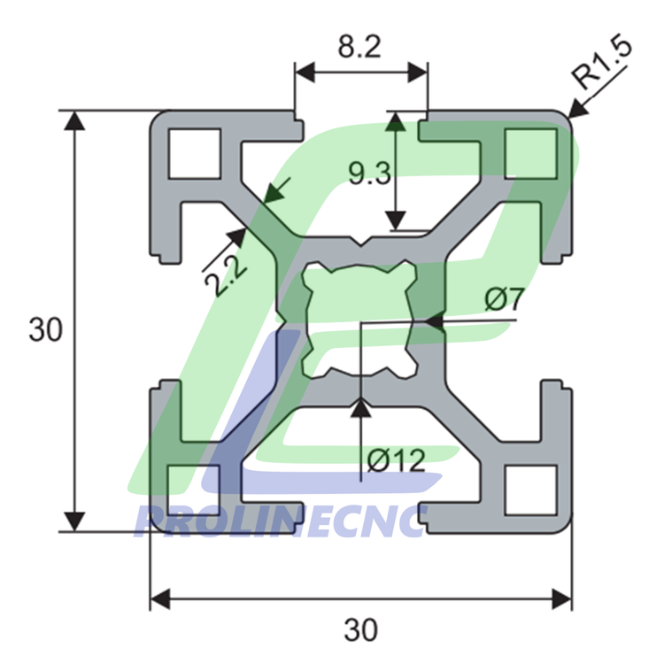 پروفیل 30 در 30 آلومینیومی شیاردار مهندسی سایز 30X30