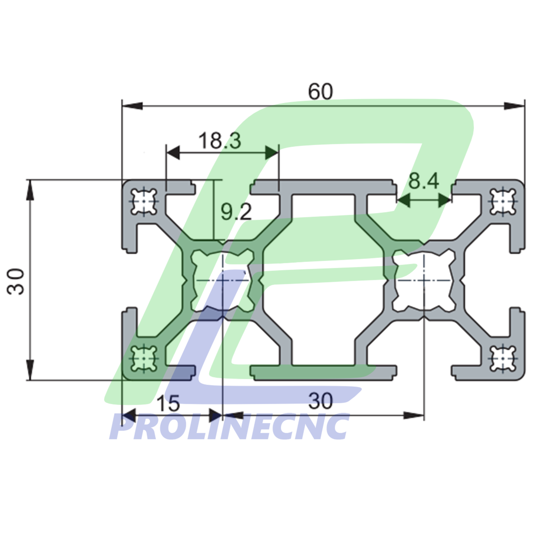 پروفیل 30 در 60 آلومینیومی شیاردار مهندسی سایز 30X60