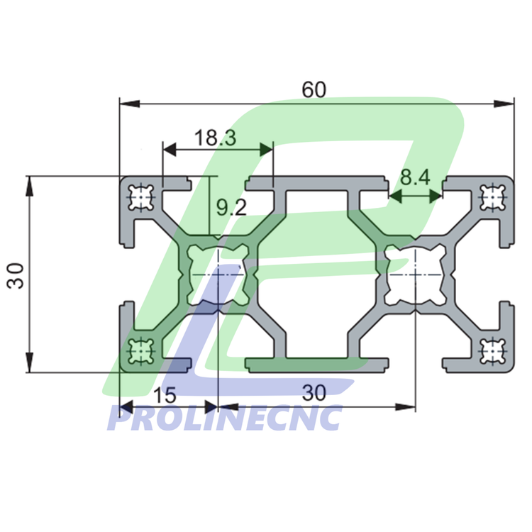 پروفیل 30 در 60 آلومینیومی شیاردار مهندسی سایز 30X60