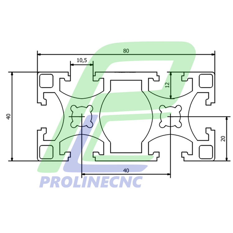 پروفیل 40 در 80 آلومینیومی شیاردار مهندسی سایز 40X80