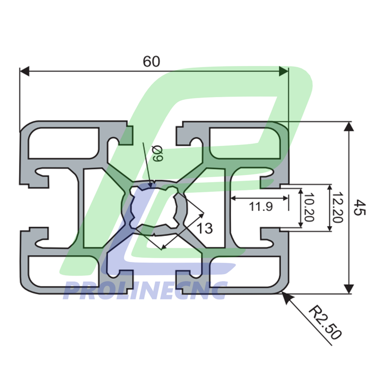 پروفیل 45 در 60 آلومینیومی شیاردار مهندسی سایز 45X60