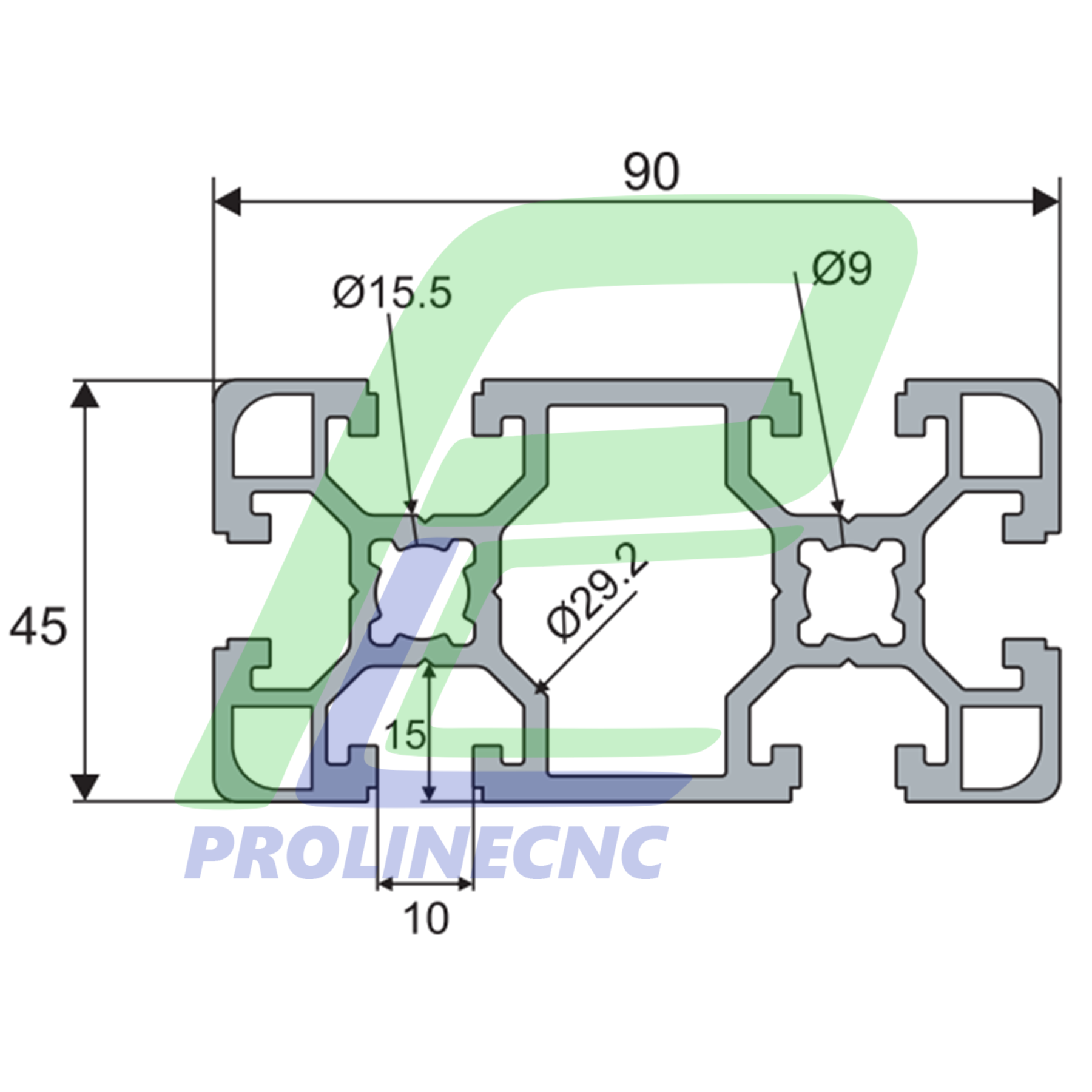 پروفیل 45 در 90 آلومینیومی شیاردار مهندسی سایز 45X90