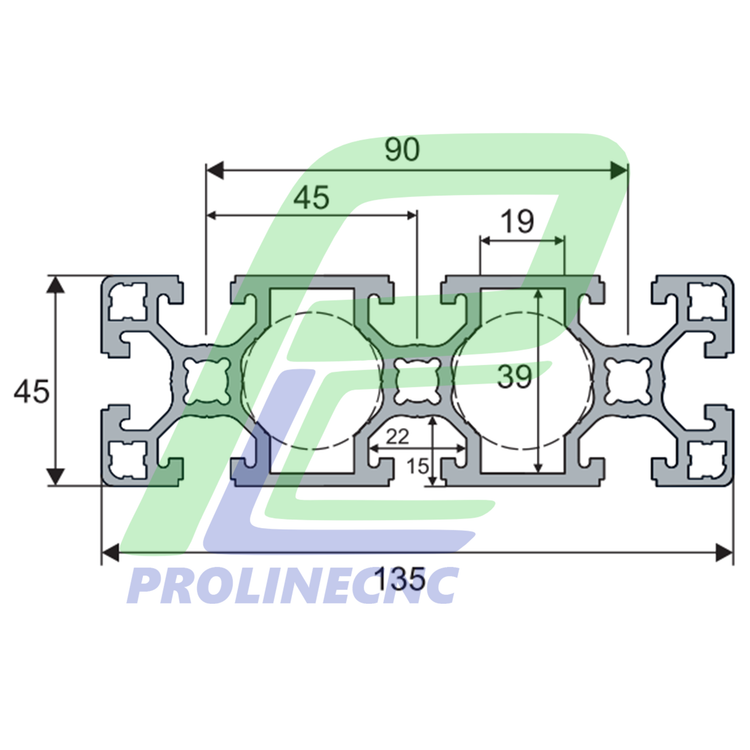 پروفیل 45 در 135 آلومینیومی شیاردار مهندسی سایز 45X135