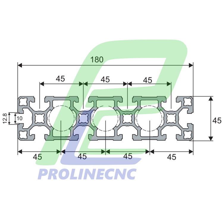 پروفیل 45 در 180 آلومینیومی شیاردار مهندسی سایز 45X180