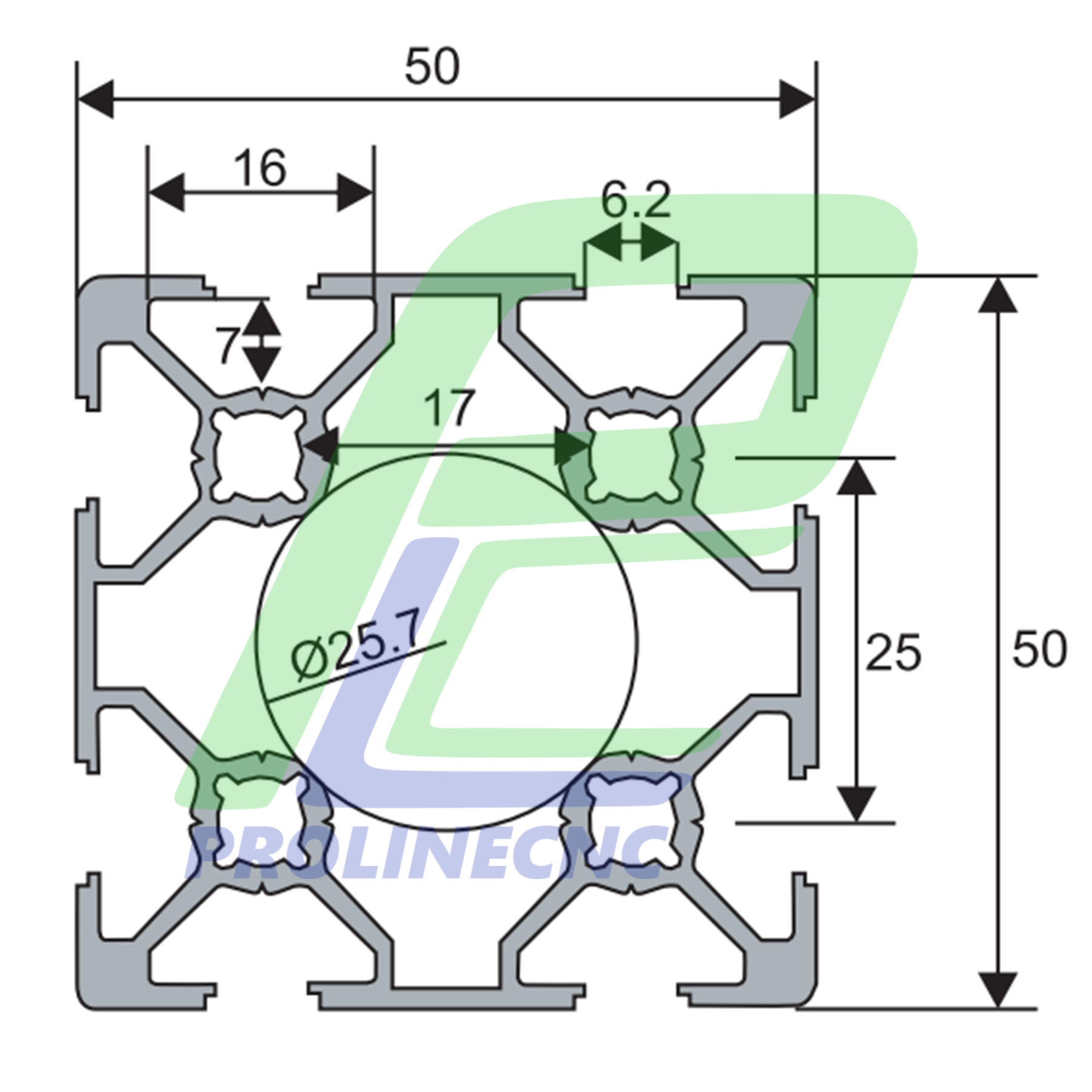 پروفیل 50 در 50 آلومینیومی شیاردار مهندسی سایز 50X50