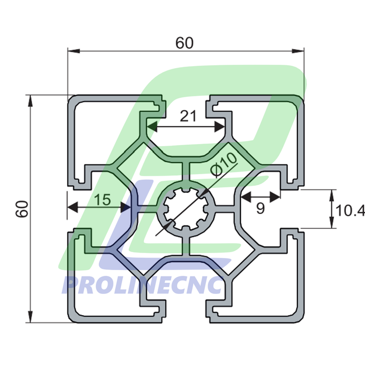 پروفیل 60 در 60 آلومینیومی شیاردار مهندسی سایز 60X60