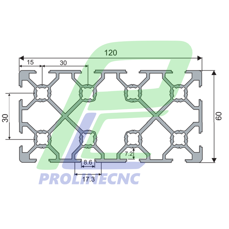 پروفیل 60 در 120 آلومینیومی شیاردار مهندسی سایز 60X120