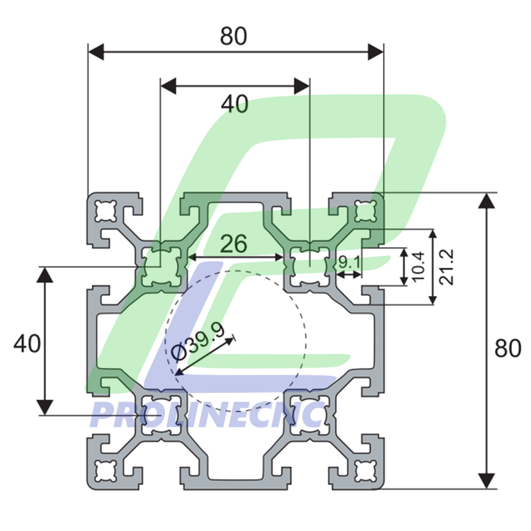 پروفیل 80 در 80 آلومینیومی شیاردار مهندسی سایز 80X80