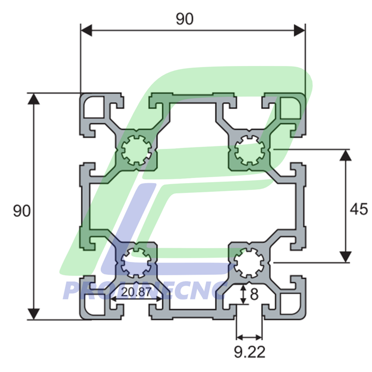 پروفیل 90 در 90 آلومینیومی شیاردار مهندسی سایز 90X90